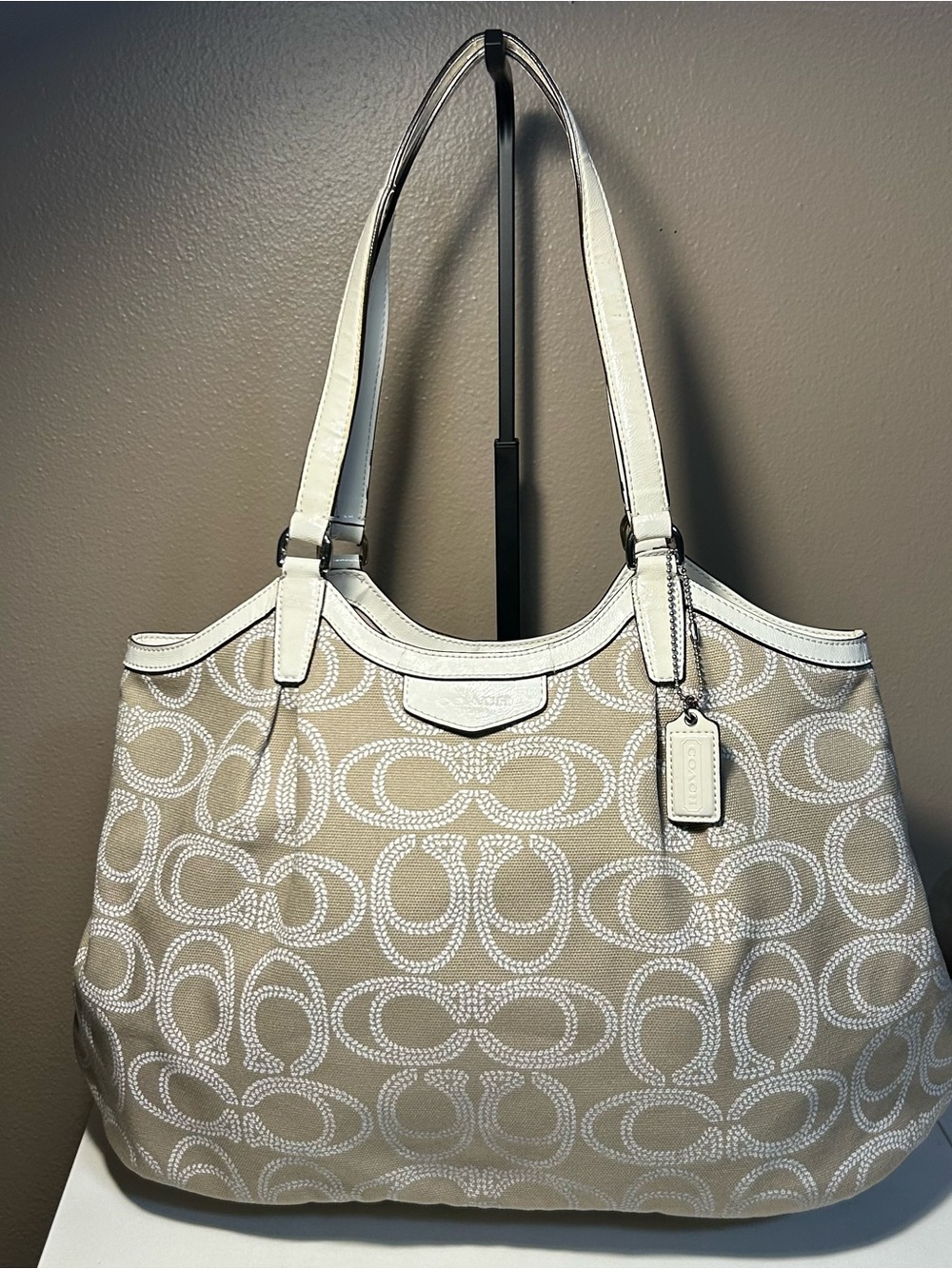 Coach F28926 Rope Print Signature Shoulder Bag Tote Beige White Double Handles